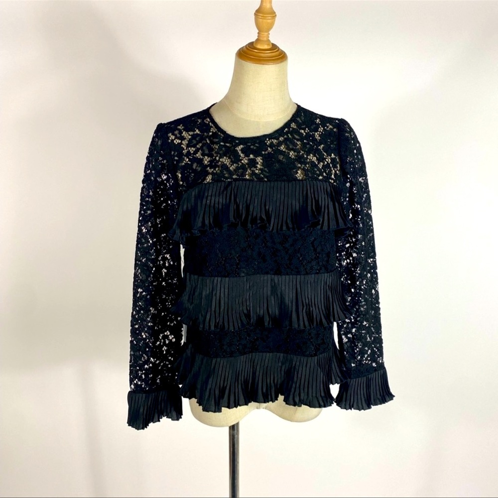 NWT J. CREW Lace Top with Pleats Long Sleeve Black Womens 2